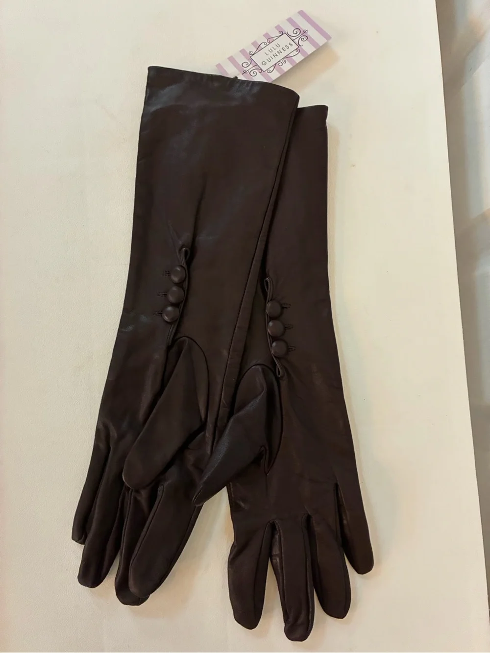 NWT Lulu Guinness Brown Leather Gloves Silk Lined Floral Flower Applique XL